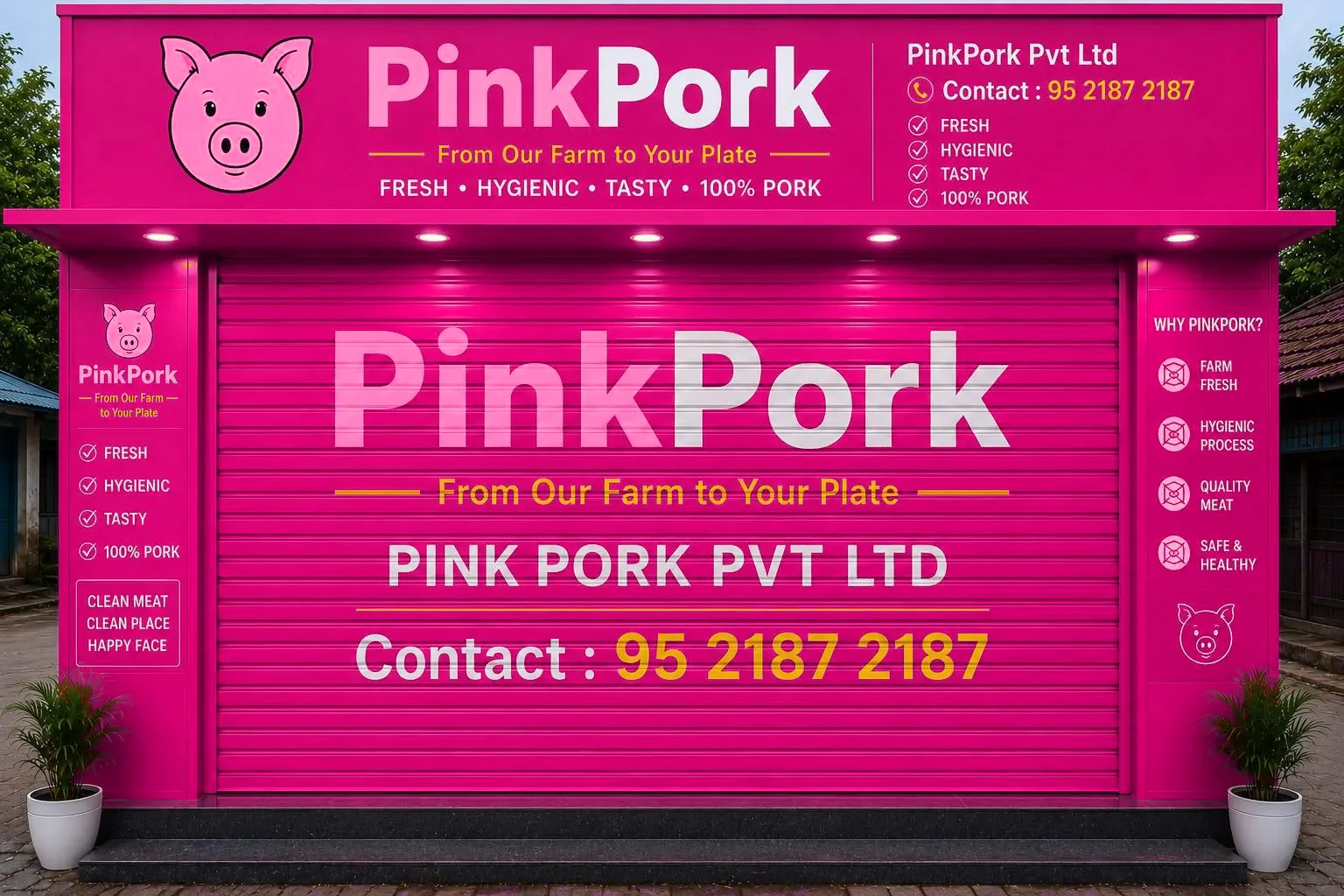 The PinkPork storefront, branded in pink with the tagline From Our Farm to Your Plate and the contact number