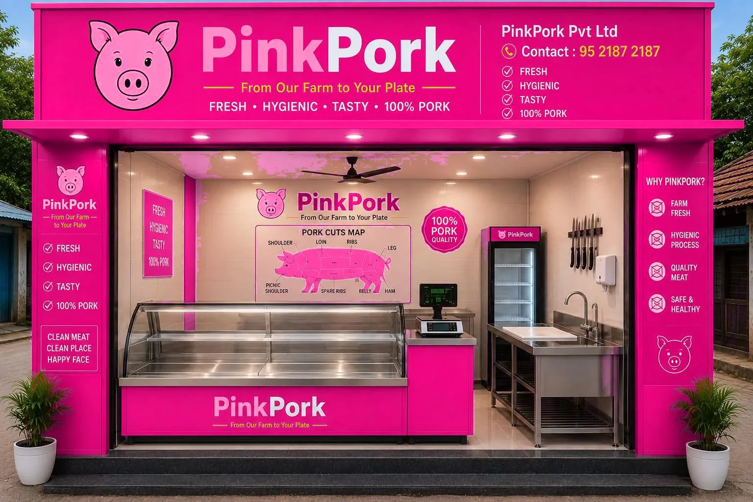 Inside the PinkPork store, showing the stainless steel display counter, weighing scale, chiller and hand-wash station